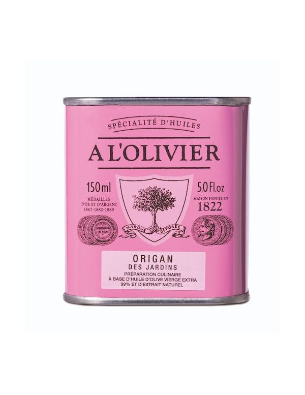 Huile d'olive à l'origan des Jardins, bidon de 150 ml