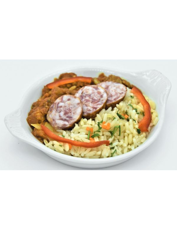 Rougail saucisse fumée de Toulouse cuisinée